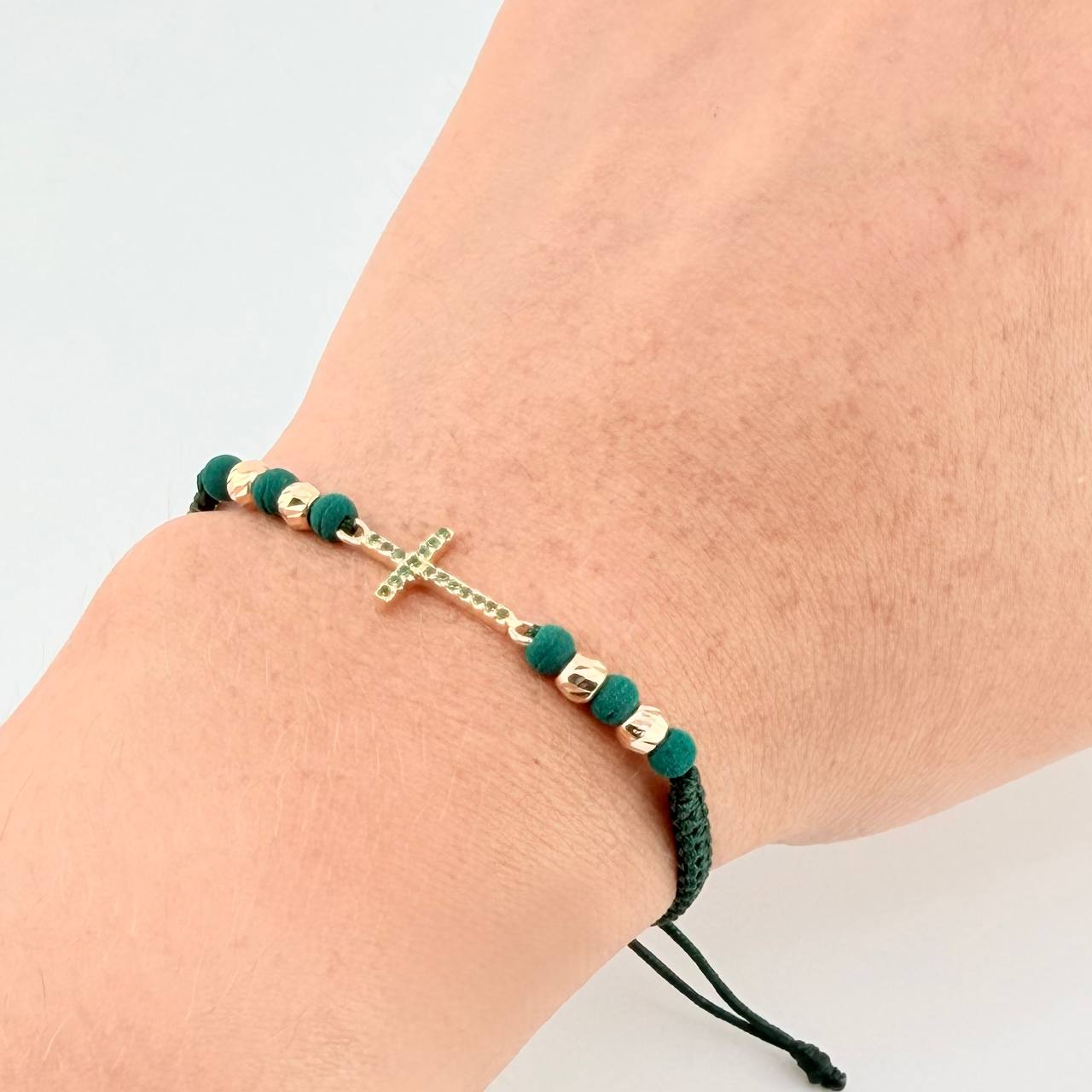 Pulsera Tejida Verde Herraje Cruz, 4 4Mm Diamantadas Oro Amarillo 18K (A.C)