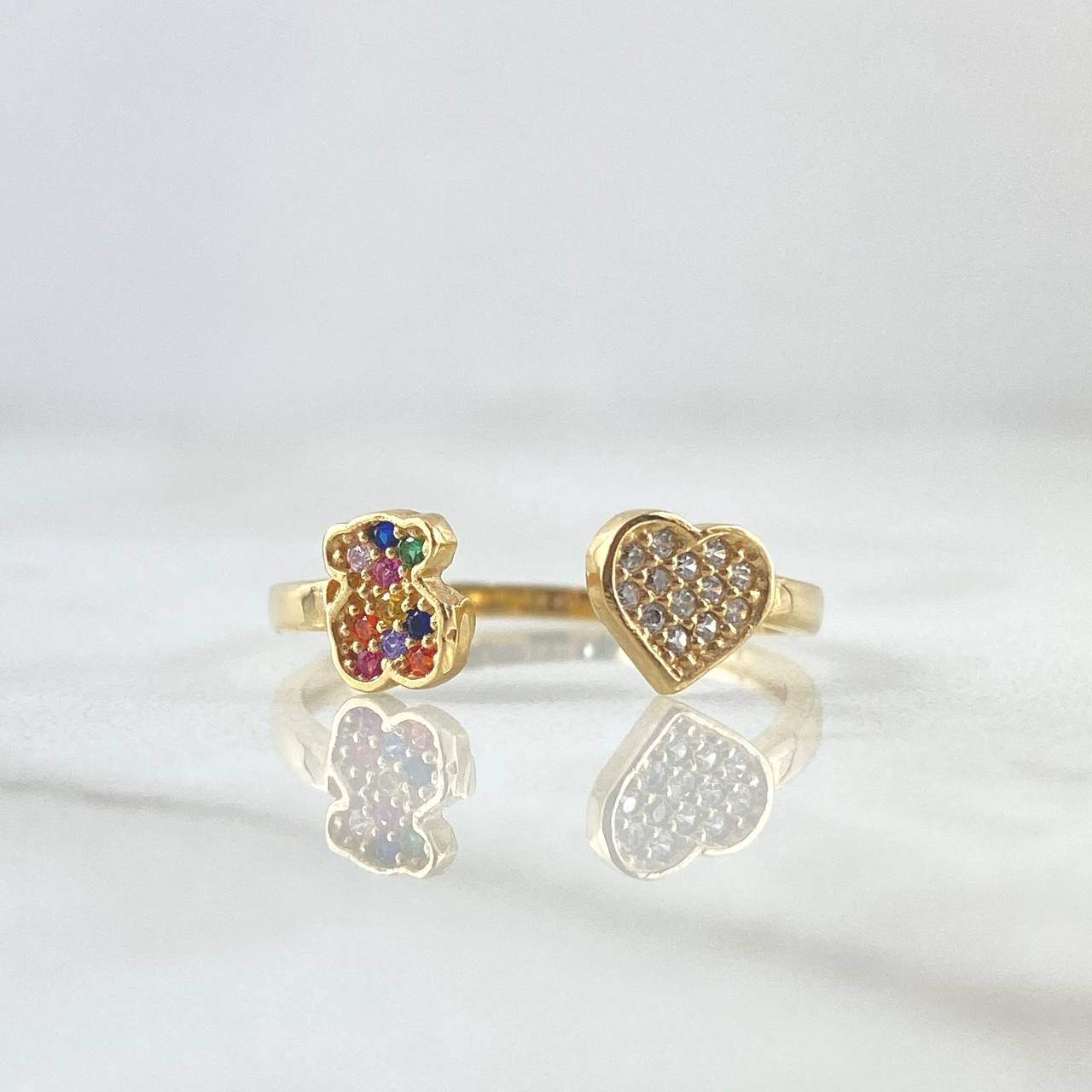 Anillo Abrazo Corazón Oso TS 1.65gr / T7 / Circones Blancos Multiculor Oro Amarillo 18K ©