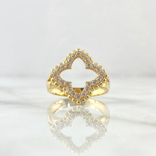 Anillo Flor Cuatro Petalos Puntiagudos 5.5gr / T6 3/4 / Circones Blancos Oro Amarillo 18K