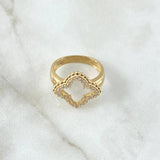 Anillo Flor Cuatro Petalos Puntiagudos 5.5gr / T6 3/4 / Circones Blancos Oro Amarillo 18K