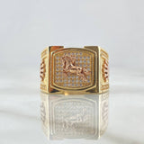 Anillo Sello Cuadrado Caballo Corona 11.45gr / T10 1/2 / Circones Blancos Texturizado Dos Oros Amarillo Rosa 18K