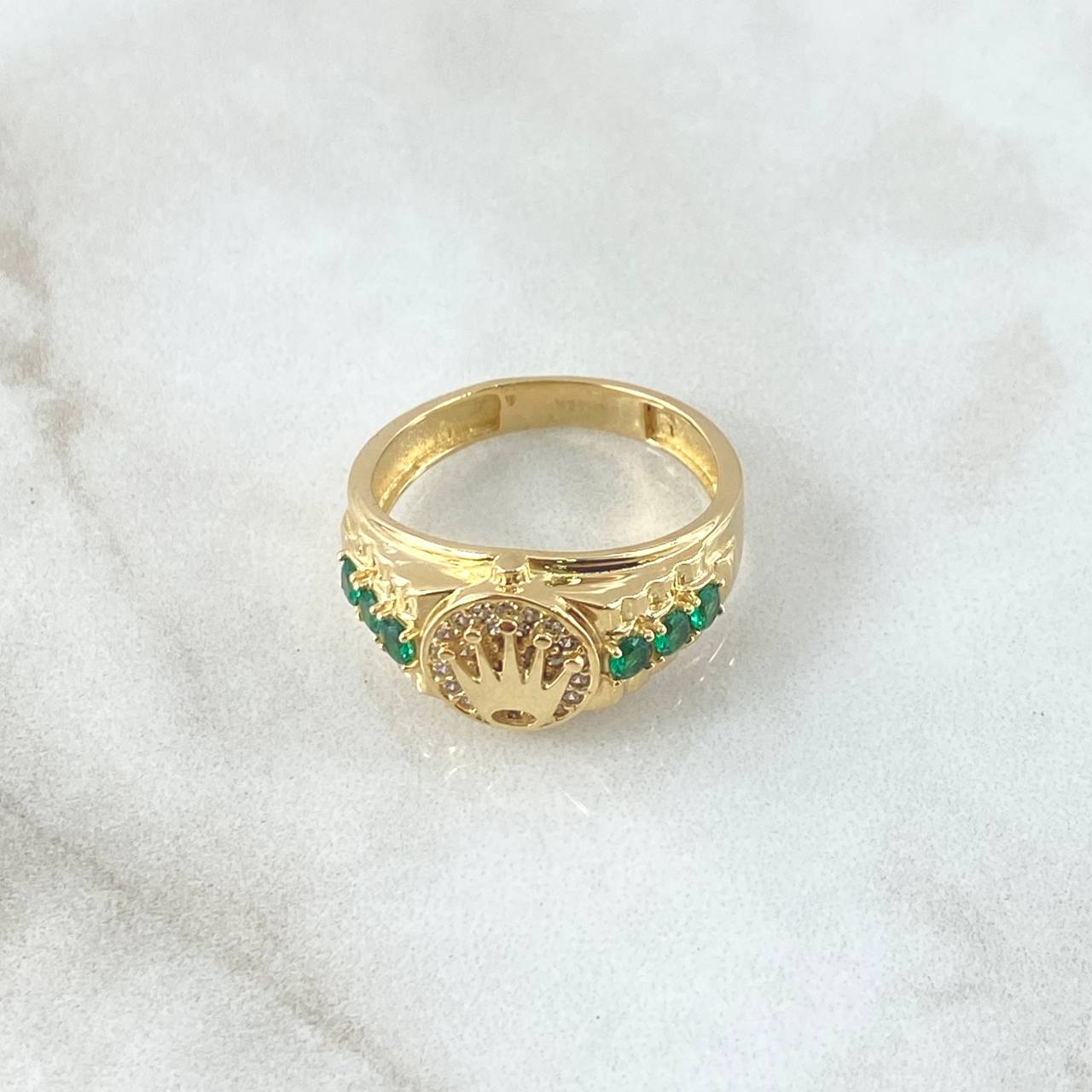 Anillo Corona Correa 6.1gr / T8 1/4 / Circones Blancos Verdes Oro Amarillo 18K