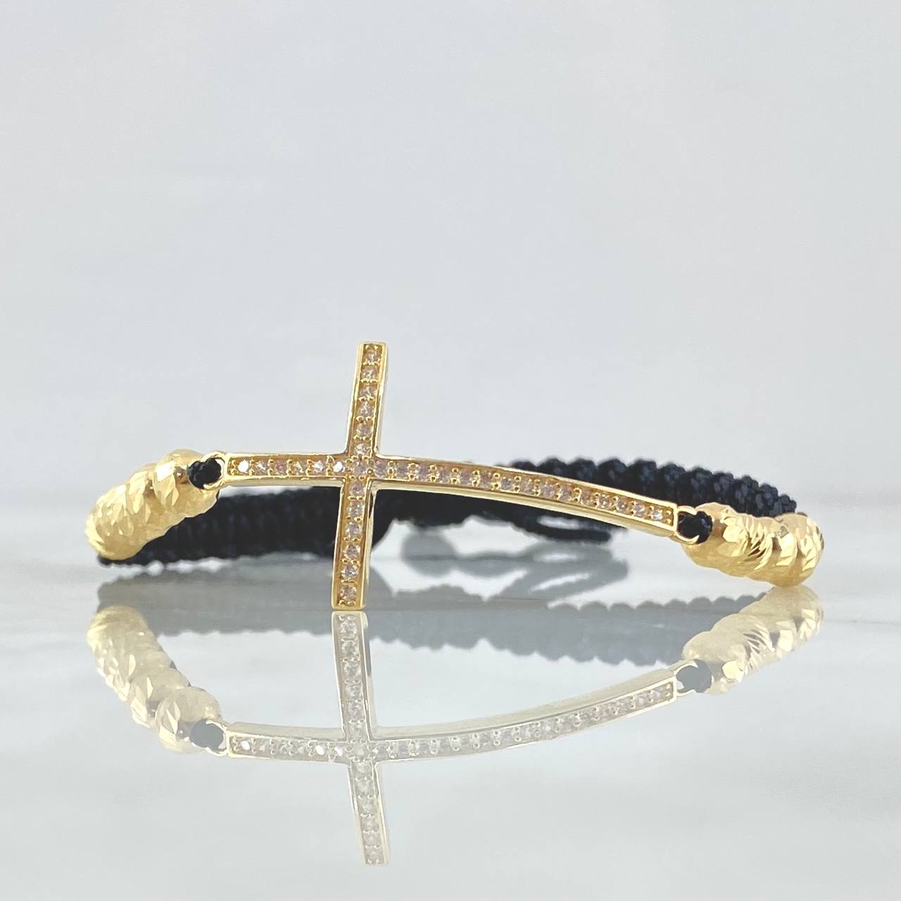 OPulsera Negra Herraje Cruz Circones Negros 4.1gr / 5mm Bolas Diamantadas 12 Und Oro Amarillo 18K ©