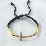 OPulsera Negra Herraje Cruz Circones Negros 4.1gr / 5mm Bolas Diamantadas 12 Und Oro Amarillo 18K ©
