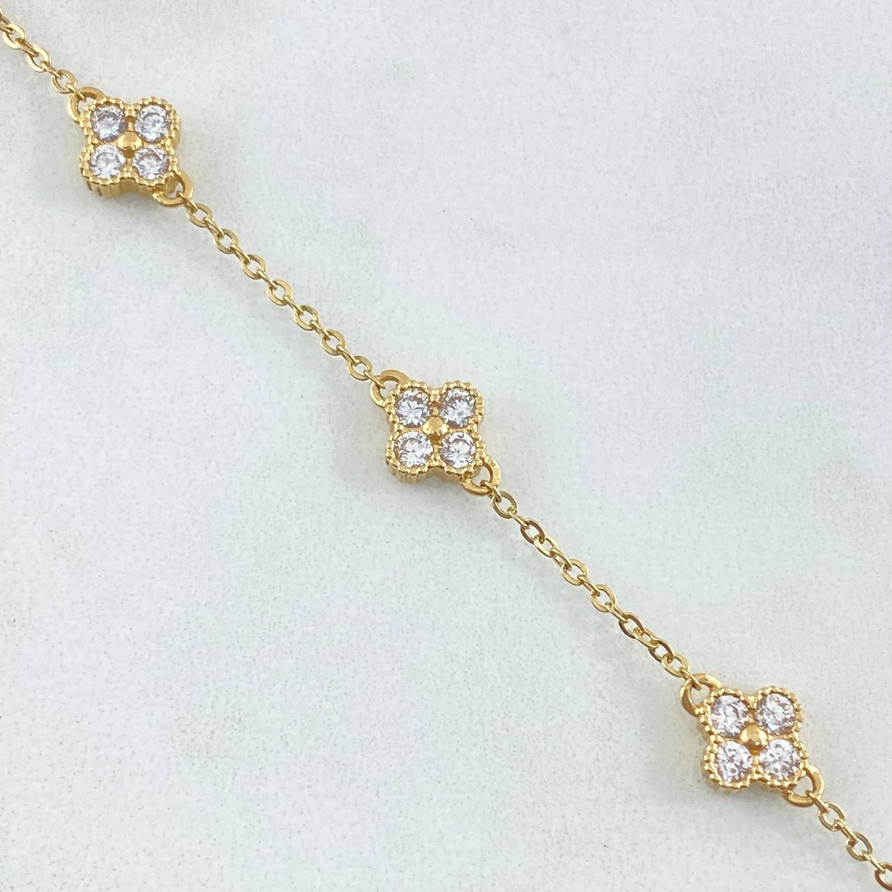 Pulso Aro Seguido Flor 3.55gr / 14.5cm-18cm / 1.6mm Borde Texturizado Circones Blancos Oro Amarillo 18K