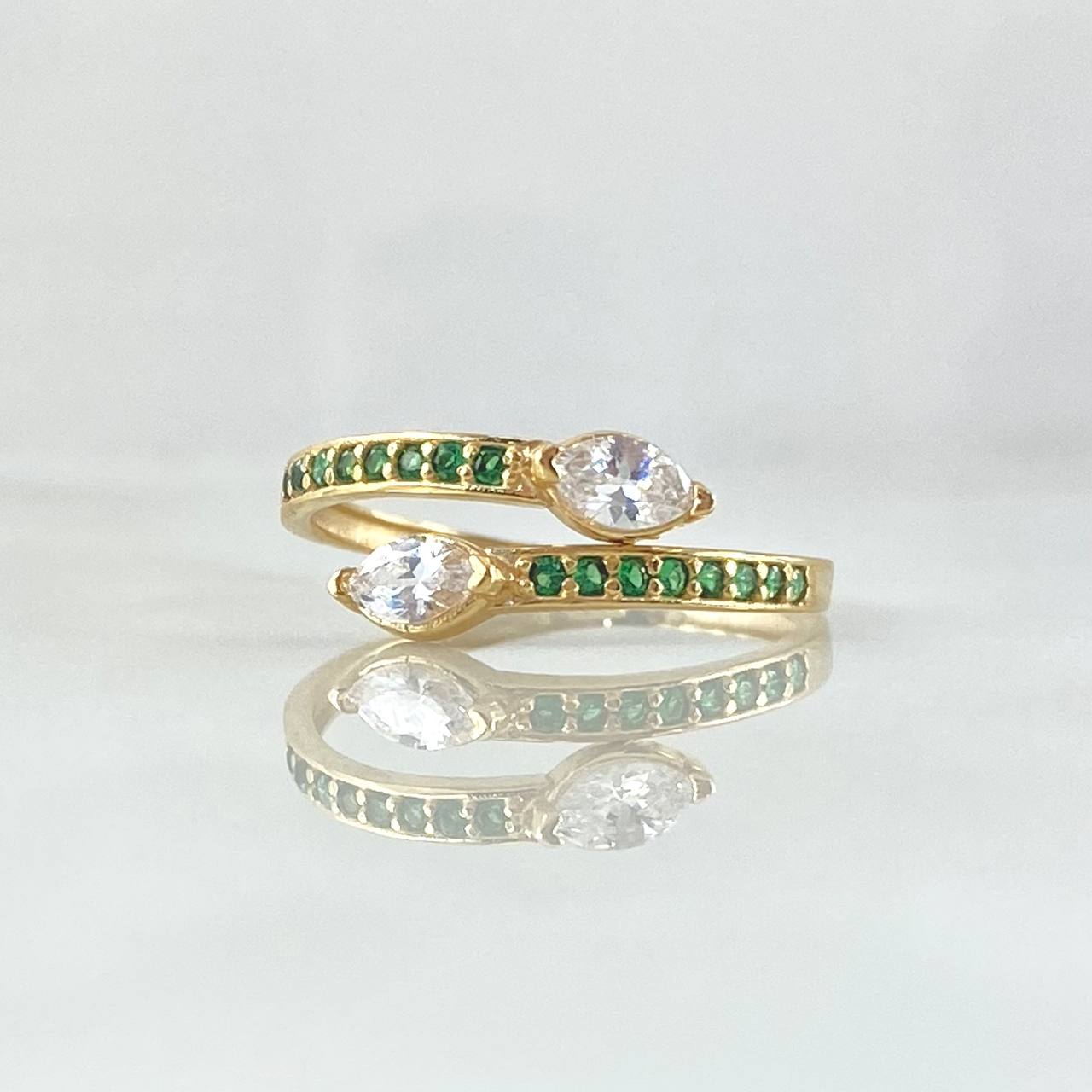 Anillo Puntas Colas Bicefalas 1.8gr / T6 1/4 / Circones Blancos Verdes Oro Amarillo 18K
