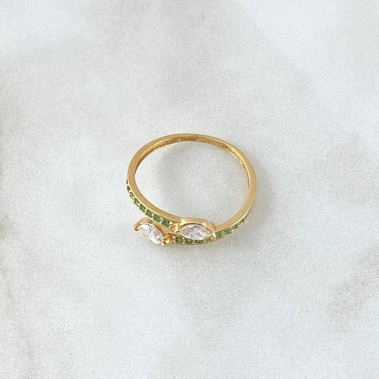 Anillo Puntas Colas Bicefalas 1.8gr / T6 1/4 / Circones Blancos Verdes Oro Amarillo 18K