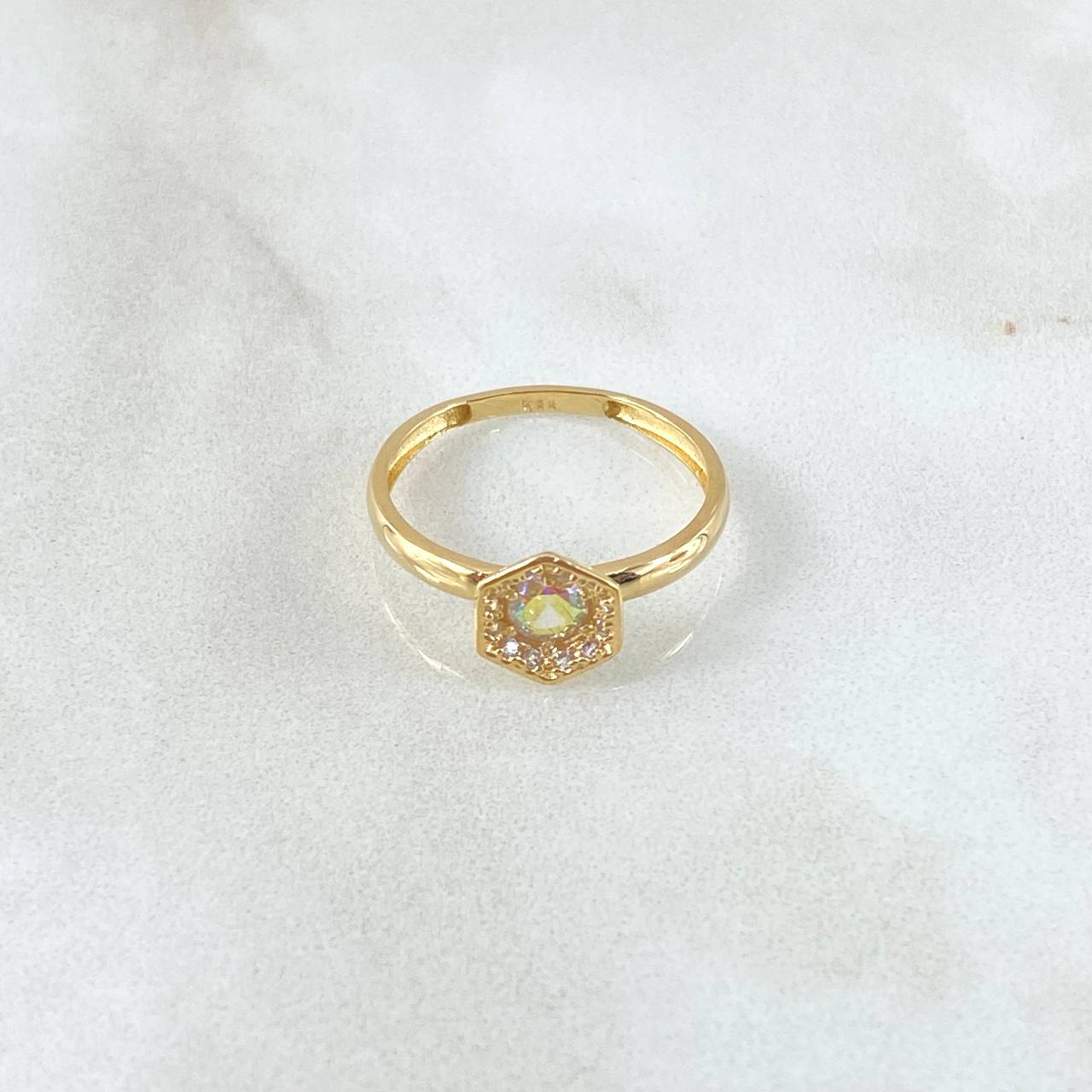 Anillo Halo Hexagonal 1.65gr / T6 / Circones Blancos Tornasol Oro Amarillo 18K *