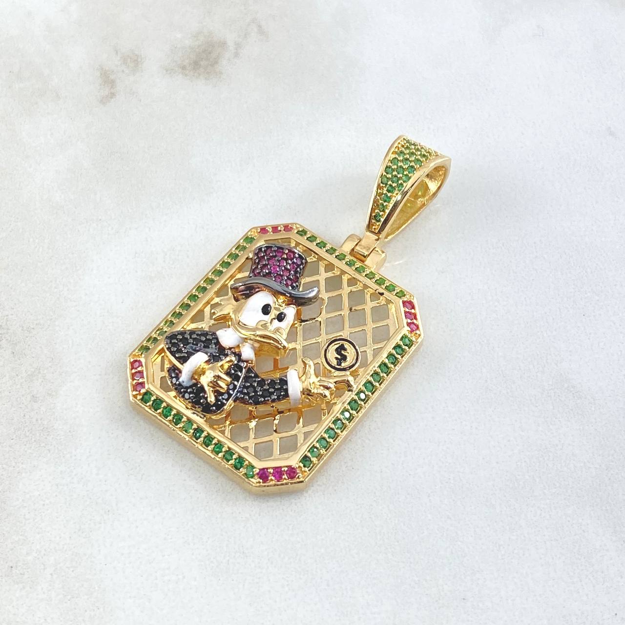 Dije Placa Pato Dinero 12.7gr / 4.5cm / Circones Verdes Fucsias Negros Oro Amarillo 18K ©
