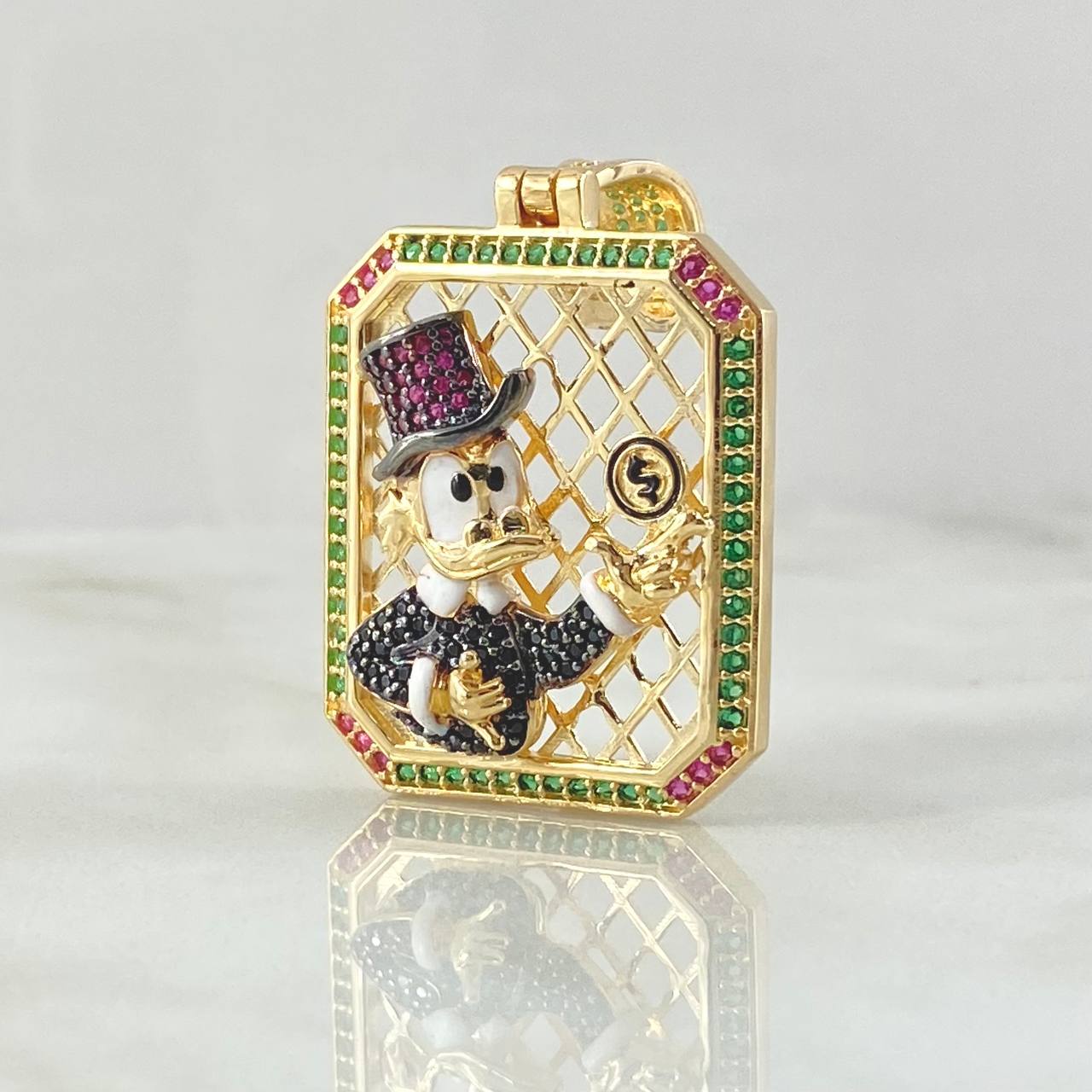 Dije Placa Pato Dinero 12.7gr / 4.5cm / Circones Verdes Fucsias Negros Oro Amarillo 18K ©
