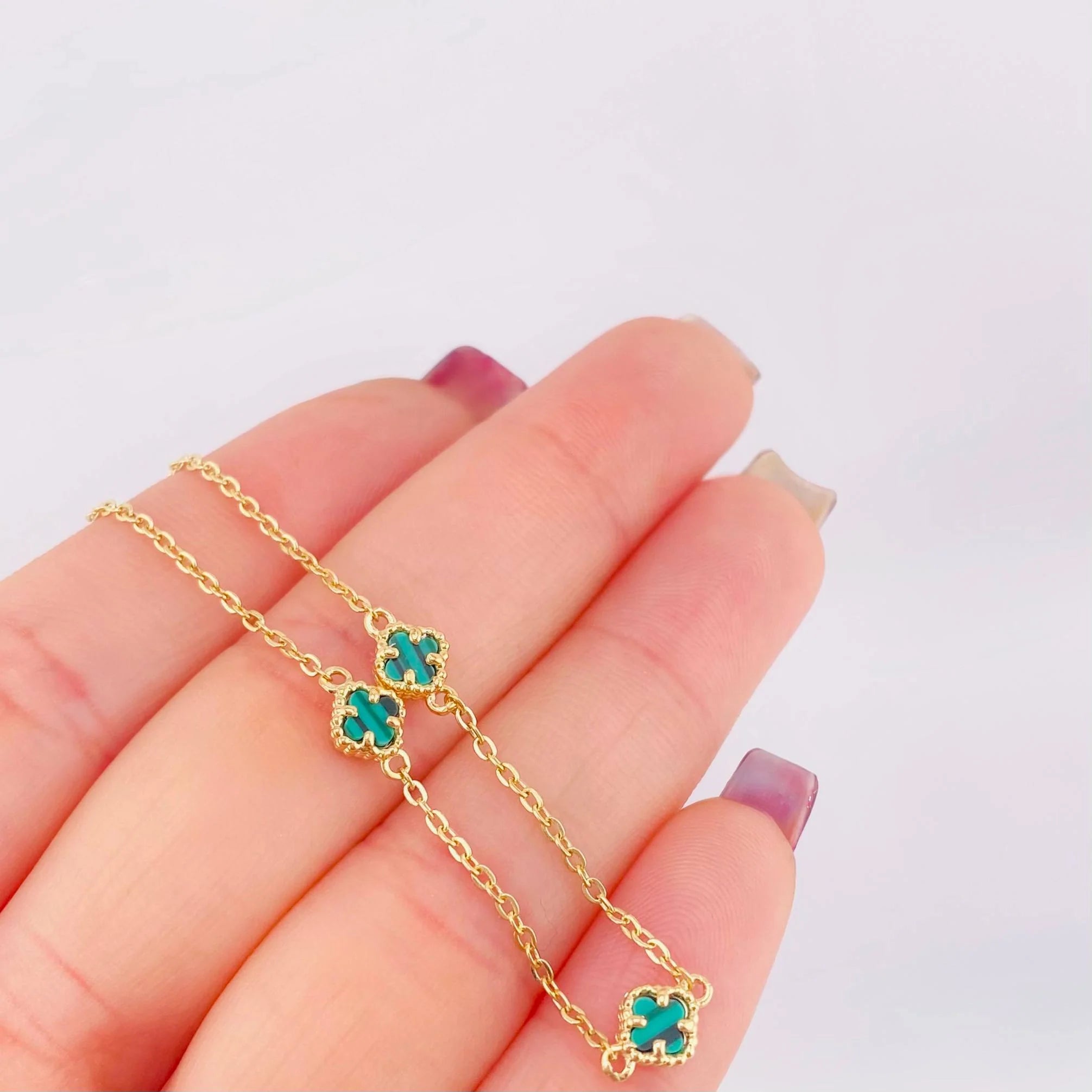 Pulso Modulable Trebol Malaquita Verde 2.2 g / 18.3 cm - 16.5 cm / 0.54 mm Oro Amarillo 18K