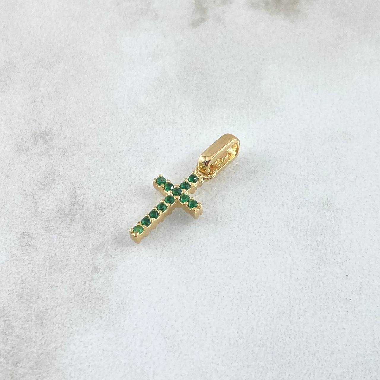Dije Cruz 0.7gr / 2cm /  Doble Fax Circones Blancos Verdes Oro Amarillo 18K ©