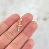 Dije Cruz 0.7gr / 2cm /  Doble Fax Circones Blancos Verdes Oro Amarillo 18K ©