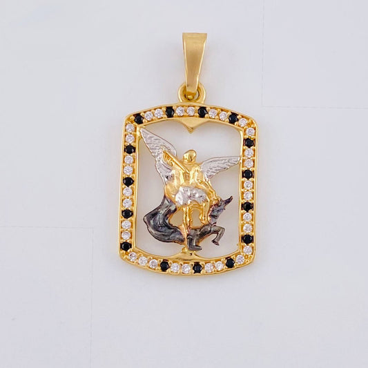 Dije Placa San Miguel 2.05 g / 2.7 cm Dos Oros Amarillo Blanco 18K