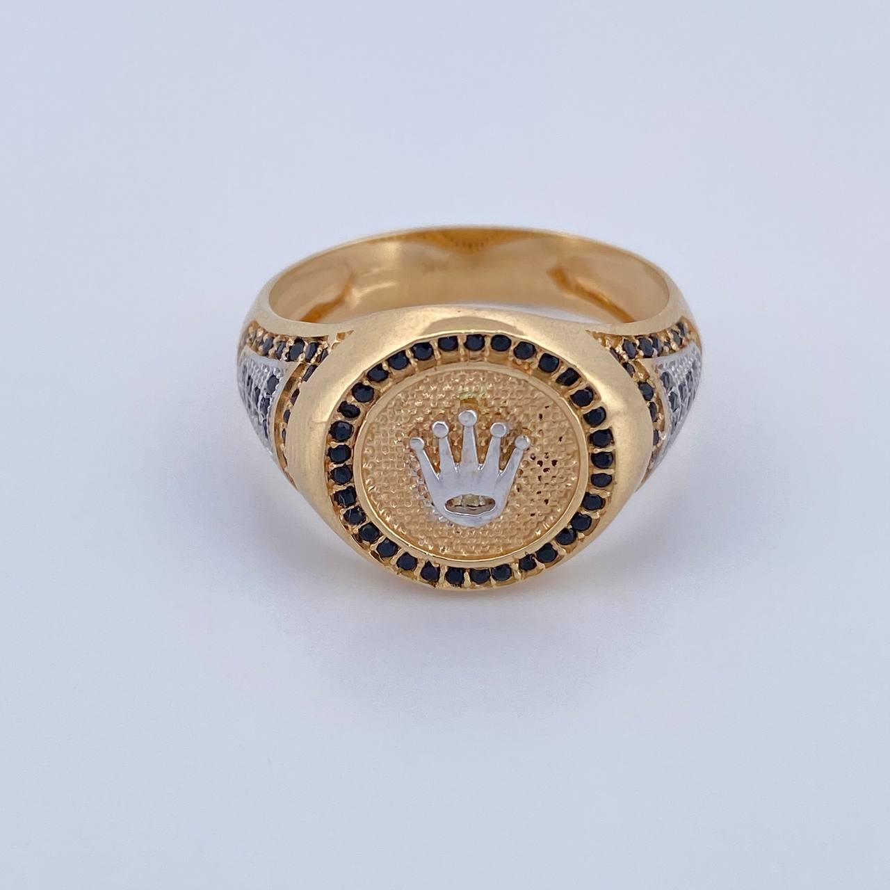 Anillo Corona RX 8.55gr / T10 1/2 / Circones Negros Dos Oros Amarillo Blanco 18K $