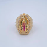 Anillo Virgen Guadalupe 12.85gr / T9 3/4 / Circones Fucsias Verdes Blancos Oro Amarillo 18K $