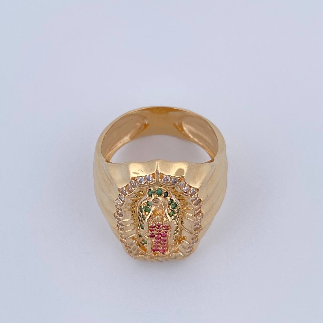 Anillo Virgen Guadalupe 12.85gr / T9 3/4 / Circones Fucsias Verdes Blancos Oro Amarillo 18K $