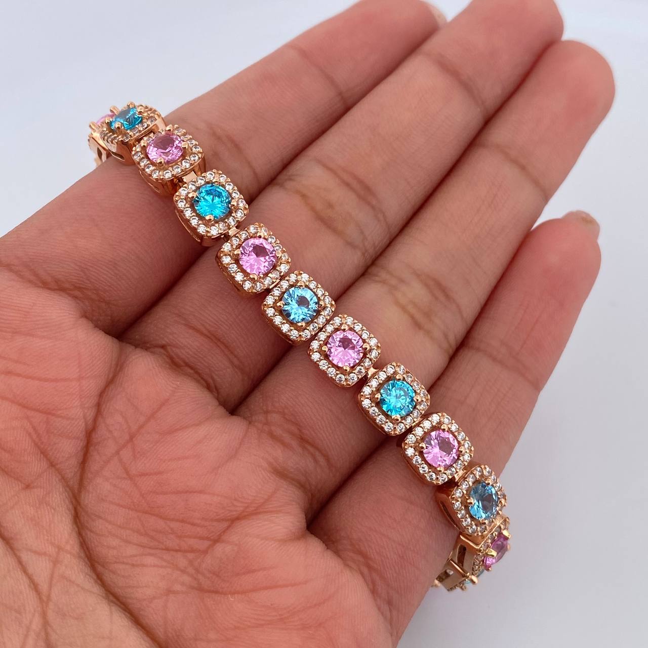 Pulso Tenis Halo 21.8gr / 18cm / 6.8mm Circones Azules Rosados Blancos Oro Rosa 18K $