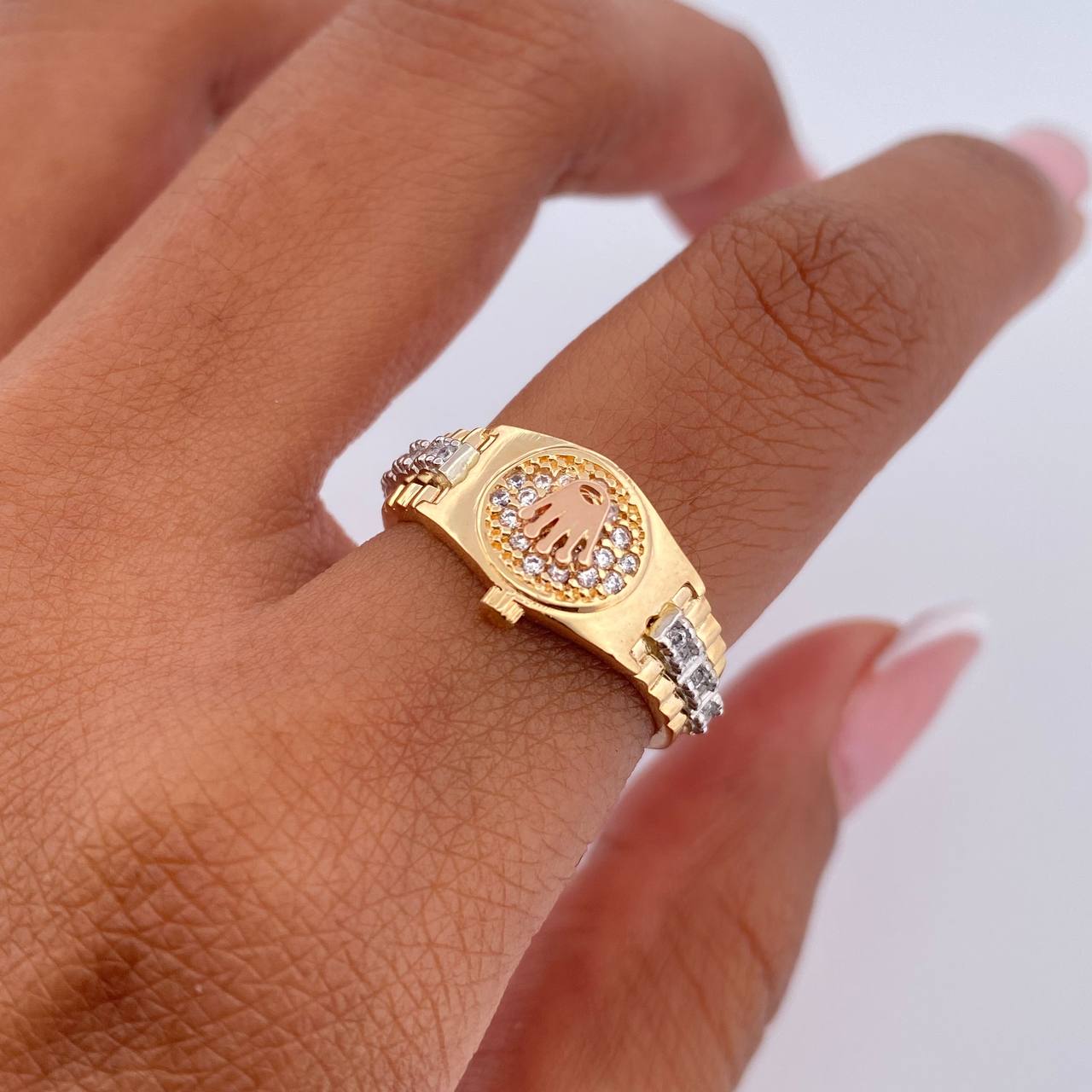 Anillo Correa Corona RX 4.35gr / T5 3/4 / Circones Blancos Tres Oros 18K $