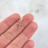 Dije Cruz Doble 0.95gr / 1.8cm / Circones Blancos-Fucsia Oro Amarillo 18K *
