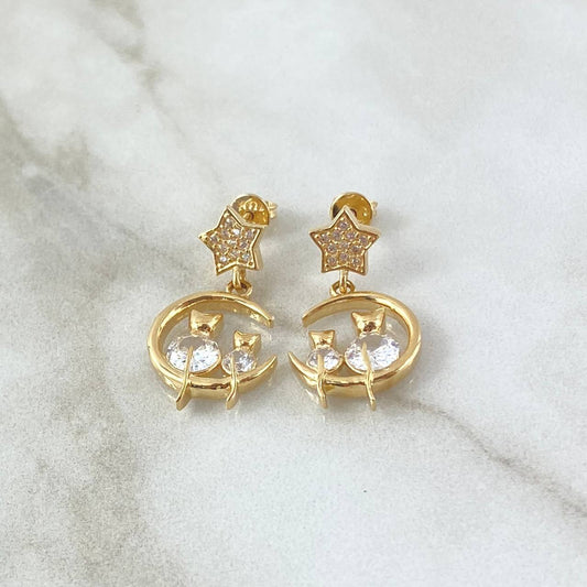 Topos Gatos Luna Estrellada 5.15gr / 2.3cm / Cirones Blancos Oro Amarillo 18K ©