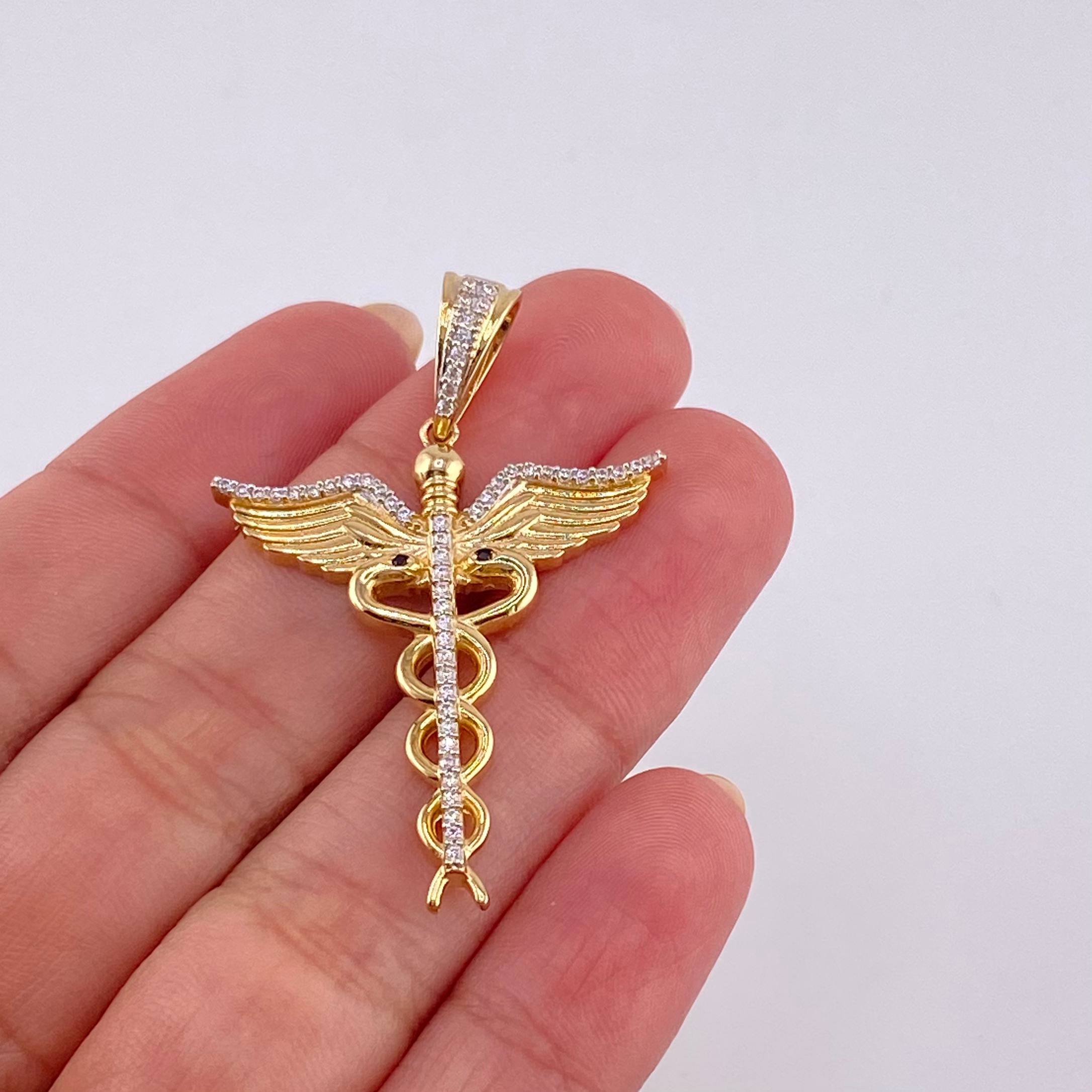 Dije Caduceo Serpiente 5.8 g / 4.5 cm Dos Oros Amarillo Blanco 18K