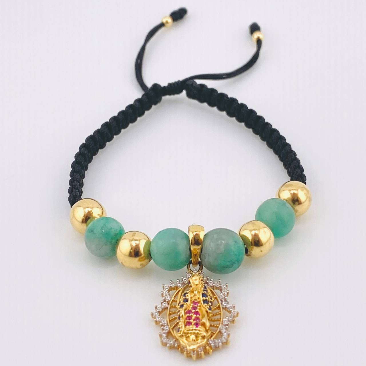 Pulsera Negra Dije Virgen Guadalupe 3.85gr / 7mm-3mm Oro Amarillo 18K *