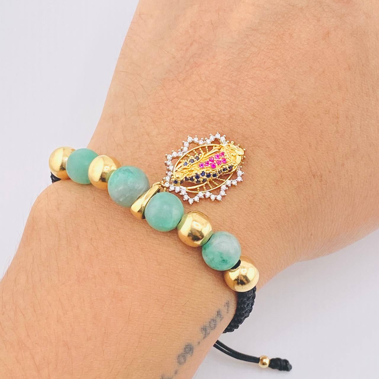Pulsera Negra Dije Virgen Guadalupe 3.85gr / 7mm-3mm Oro Amarillo 18K *