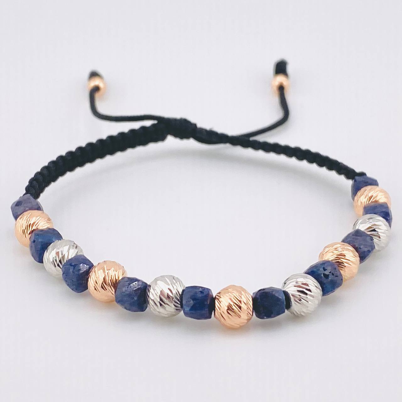 Pulsera Negra Morrallas Zafiros 2.05gr / 6mm-4mm Dos Oros Blanco Rosa 18K *