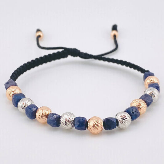 Pulsera Negra Morrallas Zafiros 2.05gr / 6mm-4mm Dos Oros Blanco Rosa 18K *