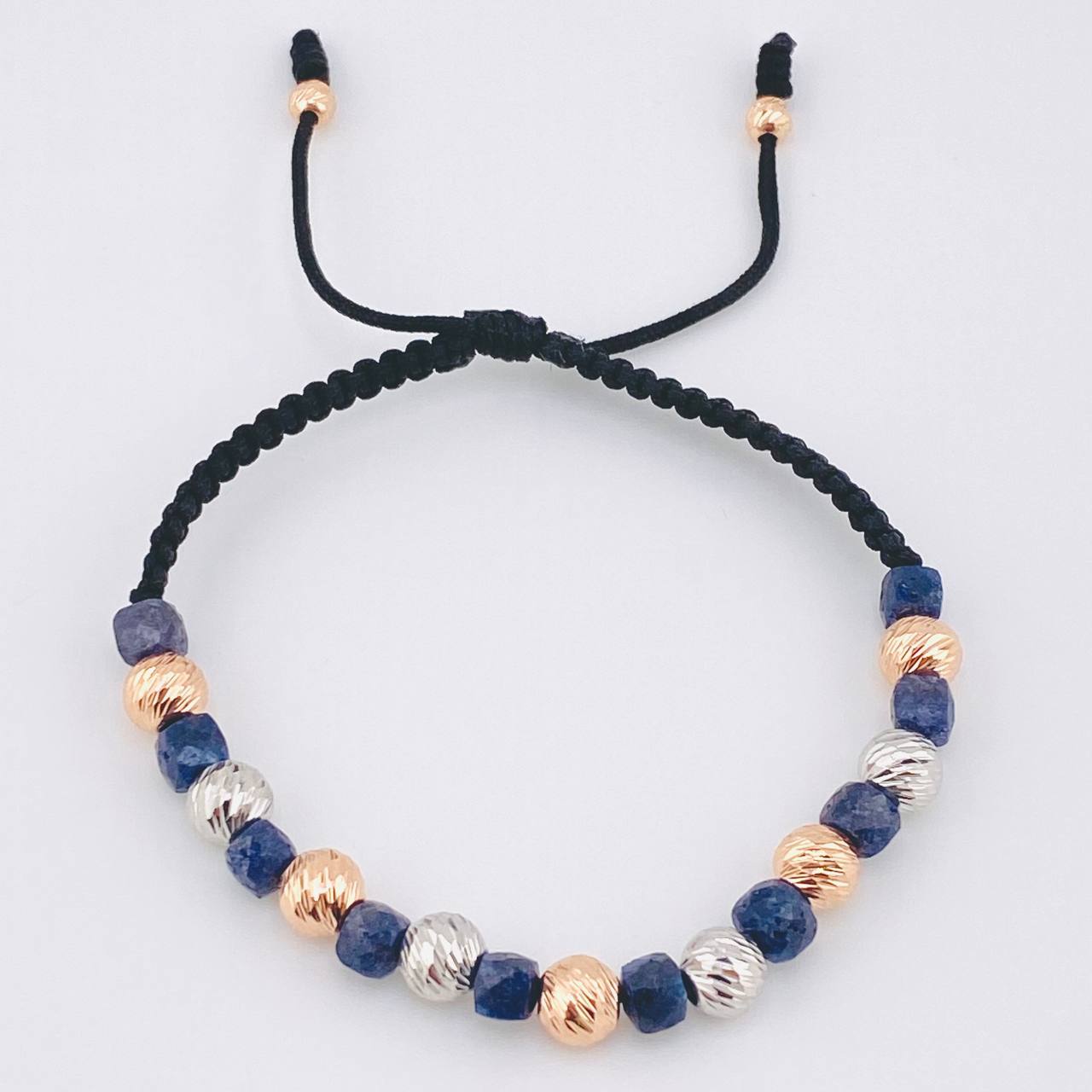 Pulsera Negra Morrallas Zafiros 2.05gr / 6mm-4mm Dos Oros Blanco Rosa 18K *