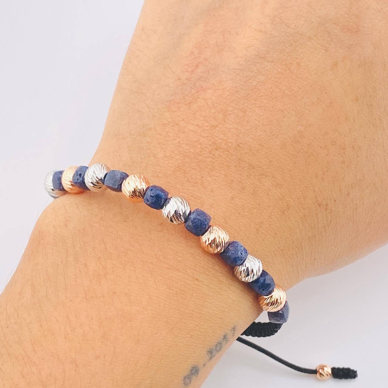 Pulsera Negra Morrallas Zafiros 2.05gr / 6mm-4mm Dos Oros Blanco Rosa 18K *