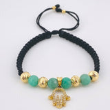 Pulsera Negra Dije Mano Hamsa 1.95gr / 6mm-3mm Oro Amarillo 18K *