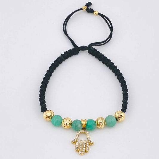 Pulsera Negra Dije Mano Hamsa 1.95gr / 6mm-3mm Oro Amarillo 18K *