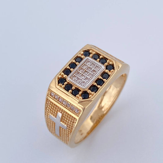 Anillo Rectangulo Cruces 9.4gr / T10 3/4 / Circones Negros Blancos Dos Oros Amarillo Blanco 18K $
