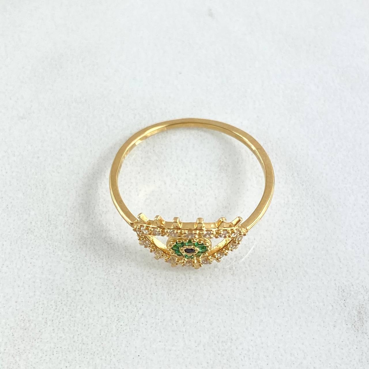 Anillo Ojo Mistico 1.8gr / T7 3/4 / Circones Blancos - Verdes Oro Amarillo 18K