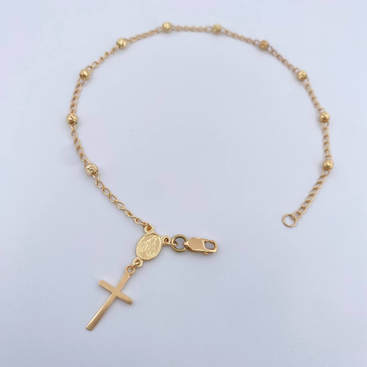 Pulso Denario Virgen Milagrosa 2.45gr / 20.6cm / 3mm Bolas Diamantadas Oro Amarillo 18K $