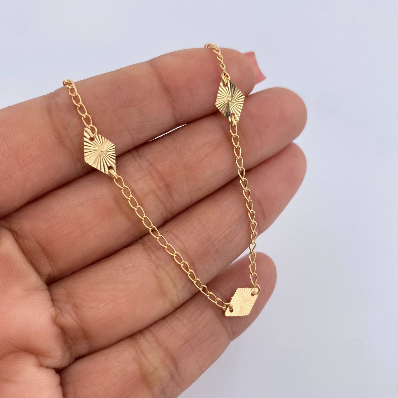 Tobillera Rombos Aro Seguido 2.1gr / 25.8cm / 1.6mm Diamantada Oro Amarillo 18K &