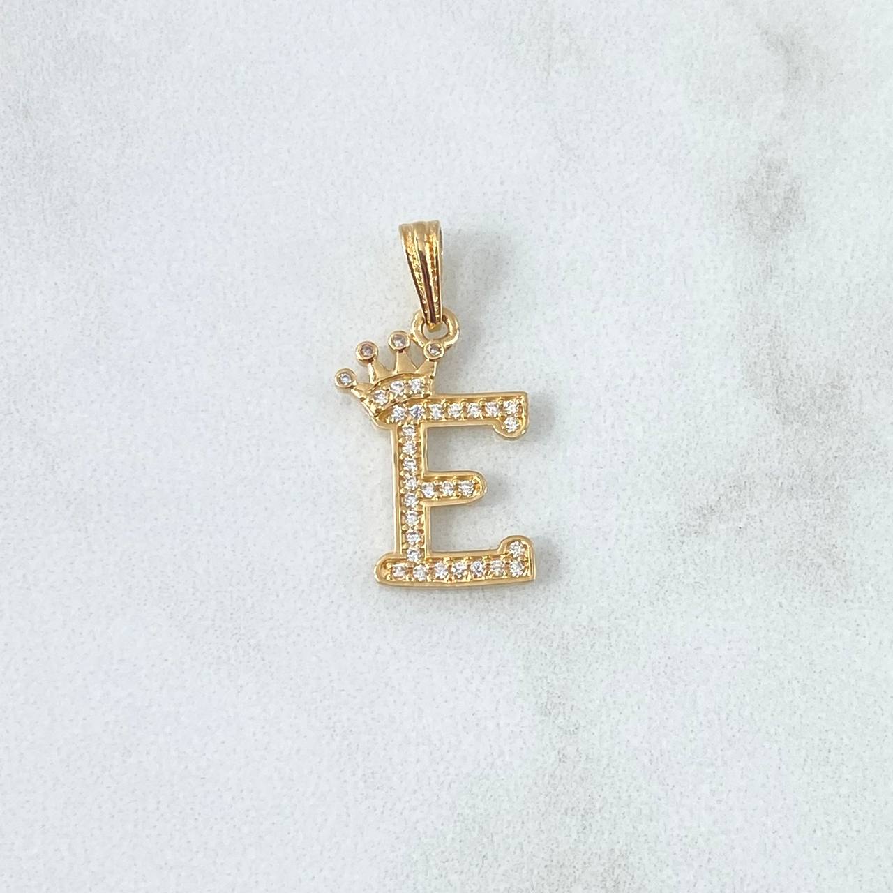 Dije Letra E Corona 1.4gr / 2.5cm / Circones Blancos Oro Amarillo 18K ©