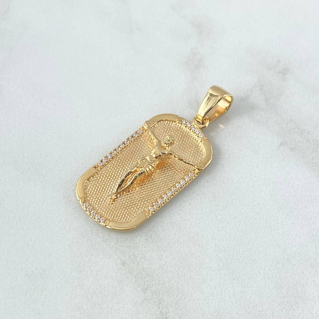 Dije Placa Rectangular Cristo 5.9gr / 3.8cm / Circones Blancos Oro Amarillo 18K