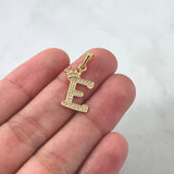 Dije Letra E Corona 1.4gr / 2.5cm / Circones Blancos Oro Amarillo 18K ©