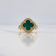 Anillo Trebol 3.95gr / T7 1/4 / Malaquita Verde Circones Blancos Oro Amarillo 18K &