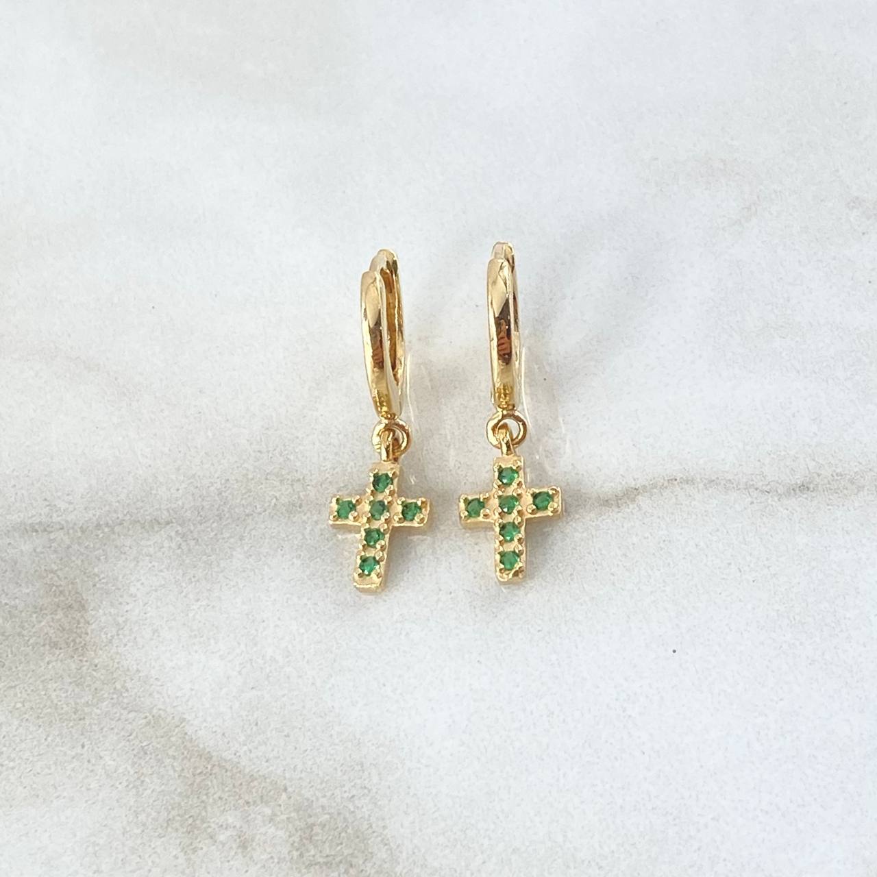 Candongas Cruz Tupida Colgante 2.7gr / 2.2cm / Circones Verdes Oro Amarillo 18K *