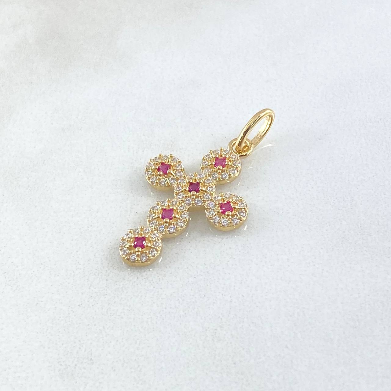 Dije Cruz Tupida 1.9gr / 2.9cm / Circones Blancos Fucsias Oro Amarillo 18K