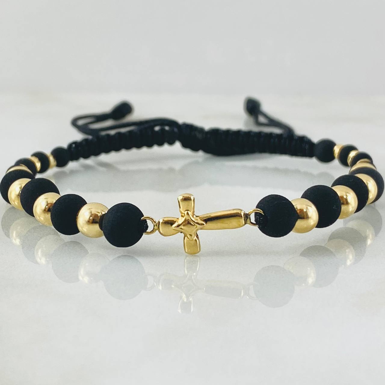 Pulsera Negra Herraje Cruz 1.9gr / Oro Amarillo 18K *