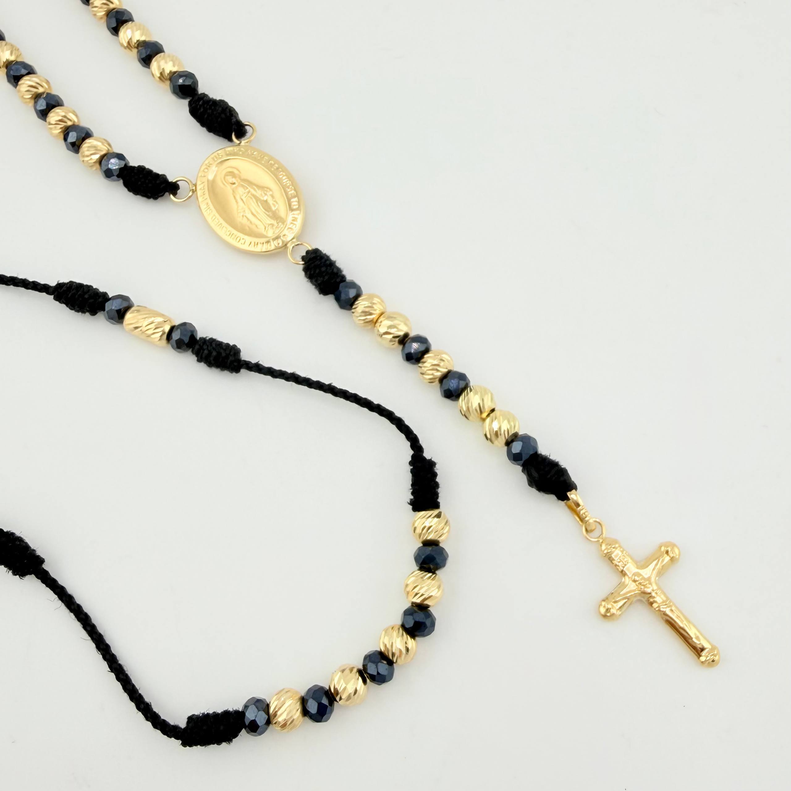 Rosario Negro Virgen Milagrosa Cruz Cristo 34und 6.25gr / 62.5cm / 5mm Oro Amarillo 18K *