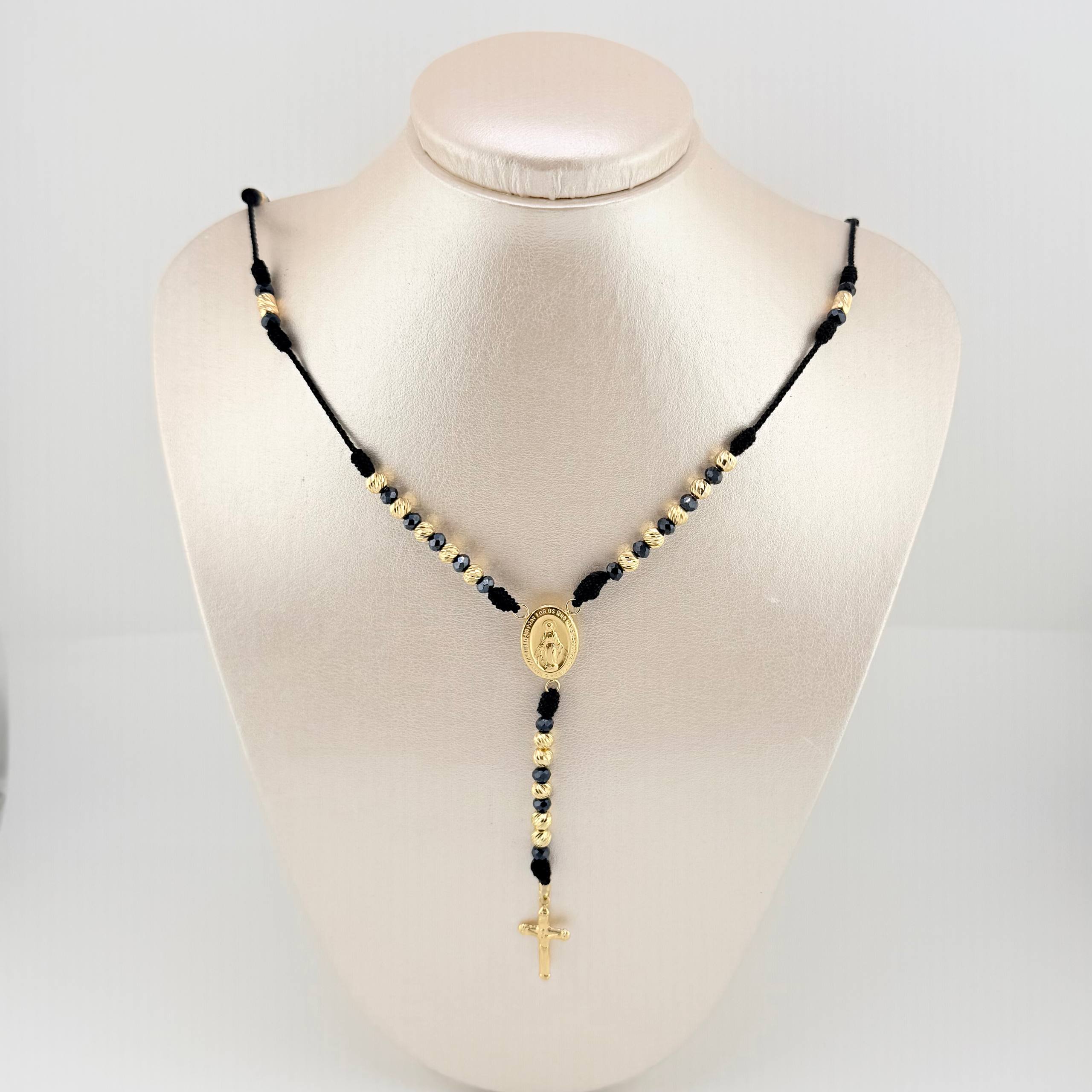 Rosario Negro Virgen Milagrosa Cruz Cristo 34und 6.25gr / 62.5cm / 5mm Oro Amarillo 18K *