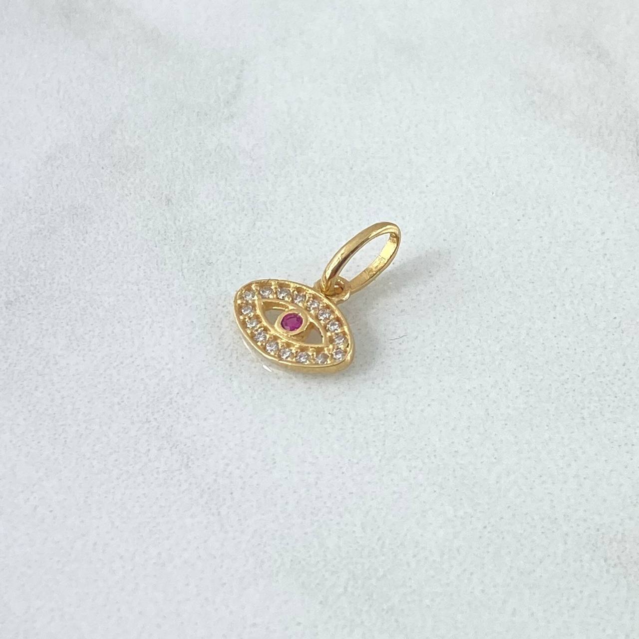 Dije Ojo Turco 0.65gr / 1.4cm / Circones Blancos Y Fucias Oro Amarillo 18K