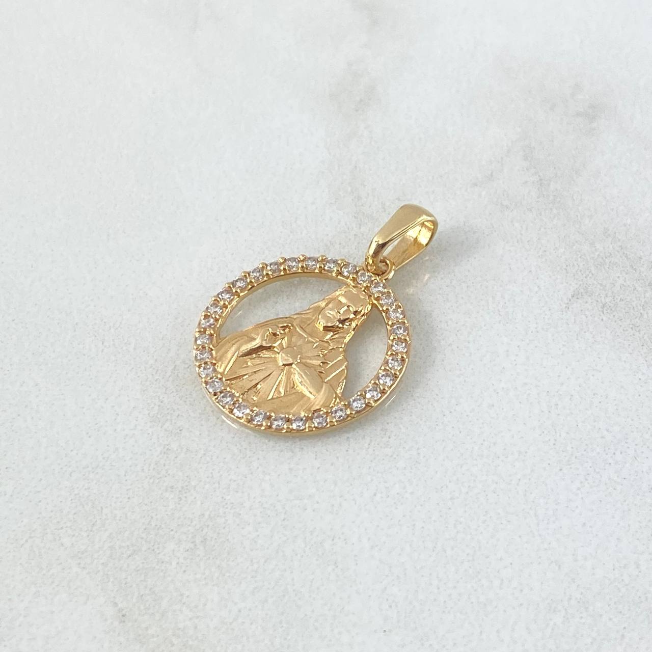 Dije Sagrado Corazón de Jesús 2gr / 2.3cm / Circones Blancos Oro Amarillo 18K