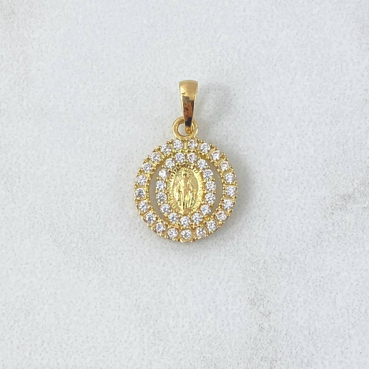 Dije Virgen Milagrosa Doble Aro 1.25gr / 1.9cm / Circones Blancos Oro Amarillo 18K ©